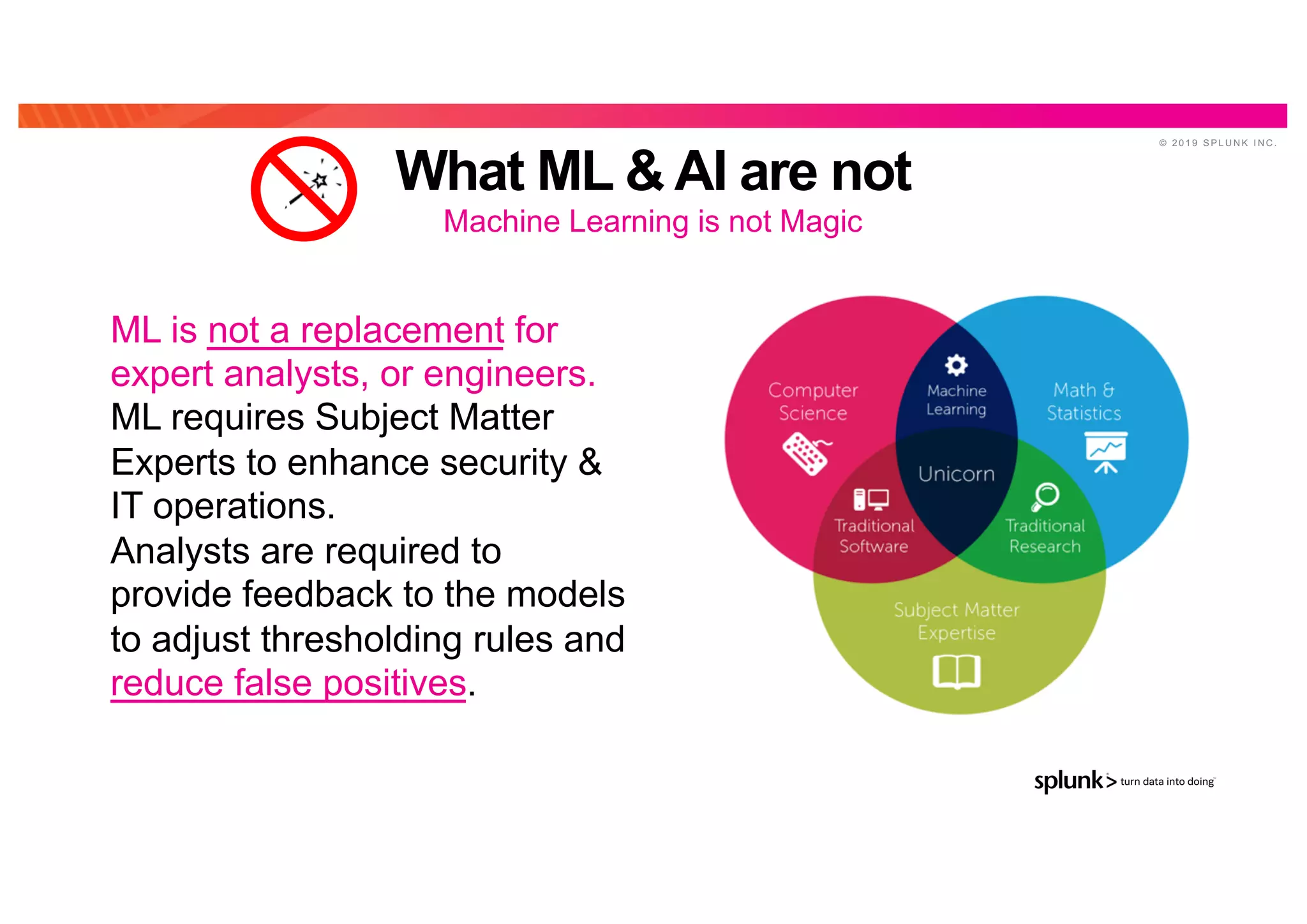 © 2 0 1 9 S P L U N K I N C .
What ML & AI are not
Machine Learning is not Magic
ML is not a replacement for
expert analysts, or engineers.
ML requires Subject Matter
Experts to enhance security &
IT operations.
Analysts are required to
provide feedback to the models
to adjust thresholding rules and
reduce false positives.
AI
Bu
zz
 