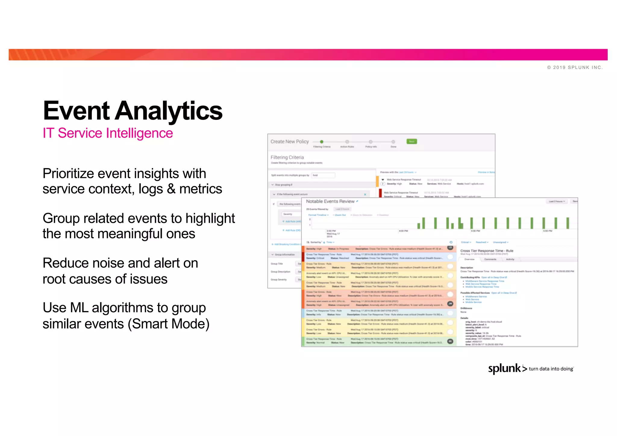 © 2 0 1 9 S P L U N K I N C .
Event Analytics
Prioritize event insights with
service context, logs & metrics
Group related events to highlight
the most meaningful ones
Reduce noise and alert on
root causes of issues
Use ML algorithms to group
similar events (Smart Mode)
IT Service Intelligence
 