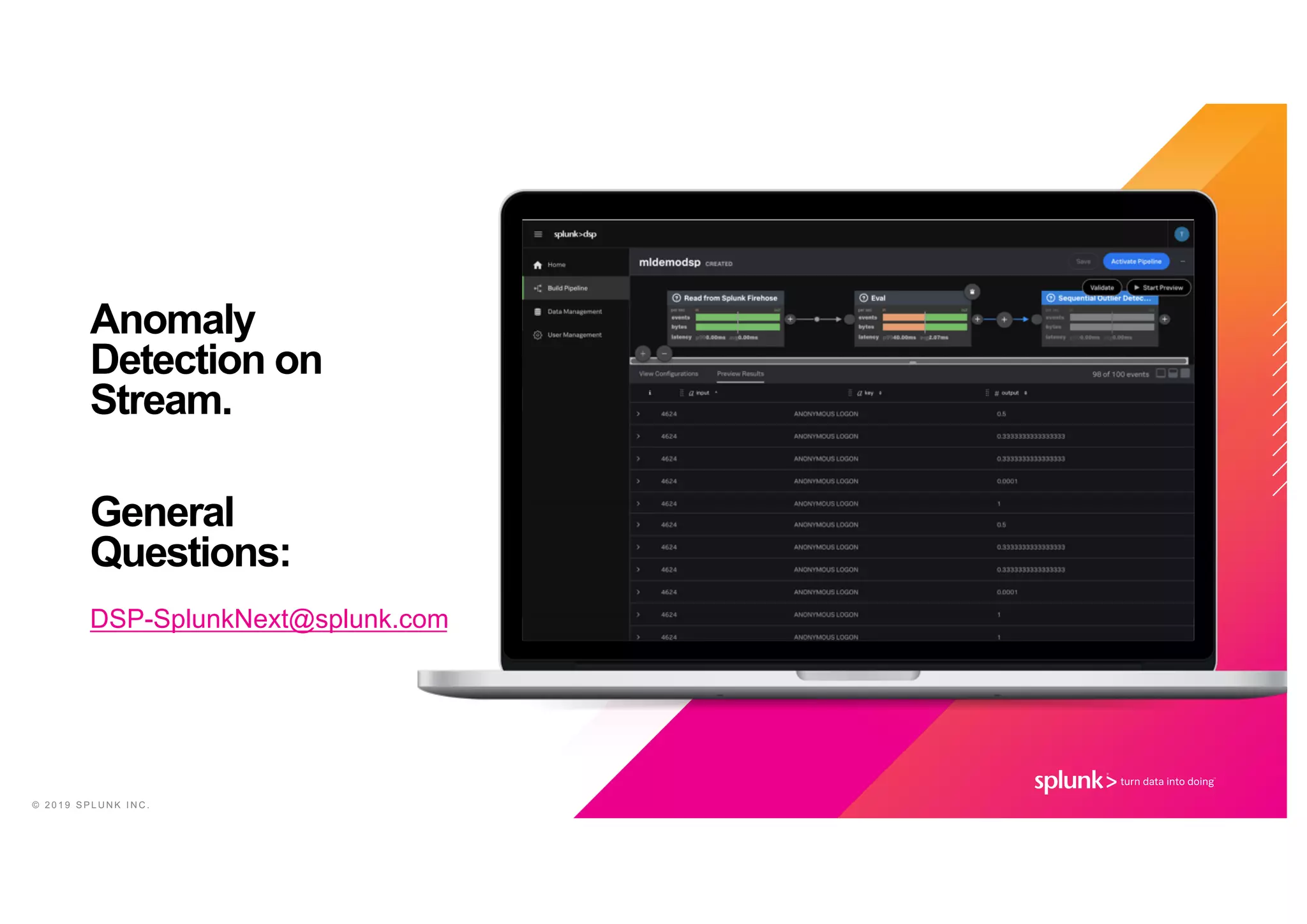 © 2 0 1 9 S P L U N K I N C .
Anomaly
Detection on
Stream.
General
Questions:
DSP-SplunkNext@splunk.com
 