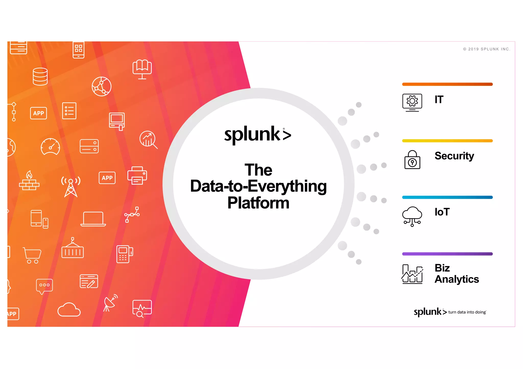 © 2 0 1 9 S P L U N K I N C .
IT
Security
IoT
Biz
Analytics
The
Data-to-Everything
Platform
© 2 0 1 9 S P L U N K I N C .
 
