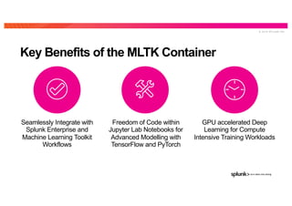 © 2 0 1 9 S P L U N K I N C .
Seamlessly Integrate with
Splunk Enterprise and
Machine Learning Toolkit
Workflows
Freedom of Code within
Jupyter Lab Notebooks for
Advanced Modelling with
TensorFlow and PyTorch
GPU accelerated Deep
Learning for Compute
Intensive Training Workloads
Key Benefits of the MLTK Container
 