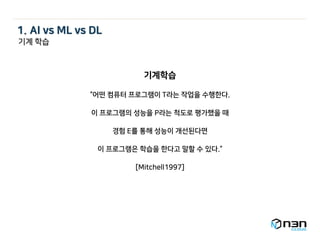 기계학습
“어떤 컴퓨터 프로그램이 T라는 작업을 수행한다.
이 프로그램의 성능을 P라는 척도로 평가했을 때
경험 E를 통해 성능이 개선된다면
이 프로그램은 학습을 한다고 말할 수 있다.”
[Mitchell1997]
기계 학습
1. AI vs ML vs DL
 