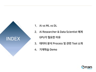 INDEX
1. Ai vs ML vs DL
2. Ai Researcher & Data Scientist 에게
GPU가 필요한 이유
3. 데이터 분석 Process 및 관련 Tool 소개
4. 기계학습 Demo
 