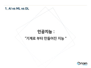 인공지능 :
“기계로 부터 만들어진 지능＂
1. AI vs ML vs DL
 