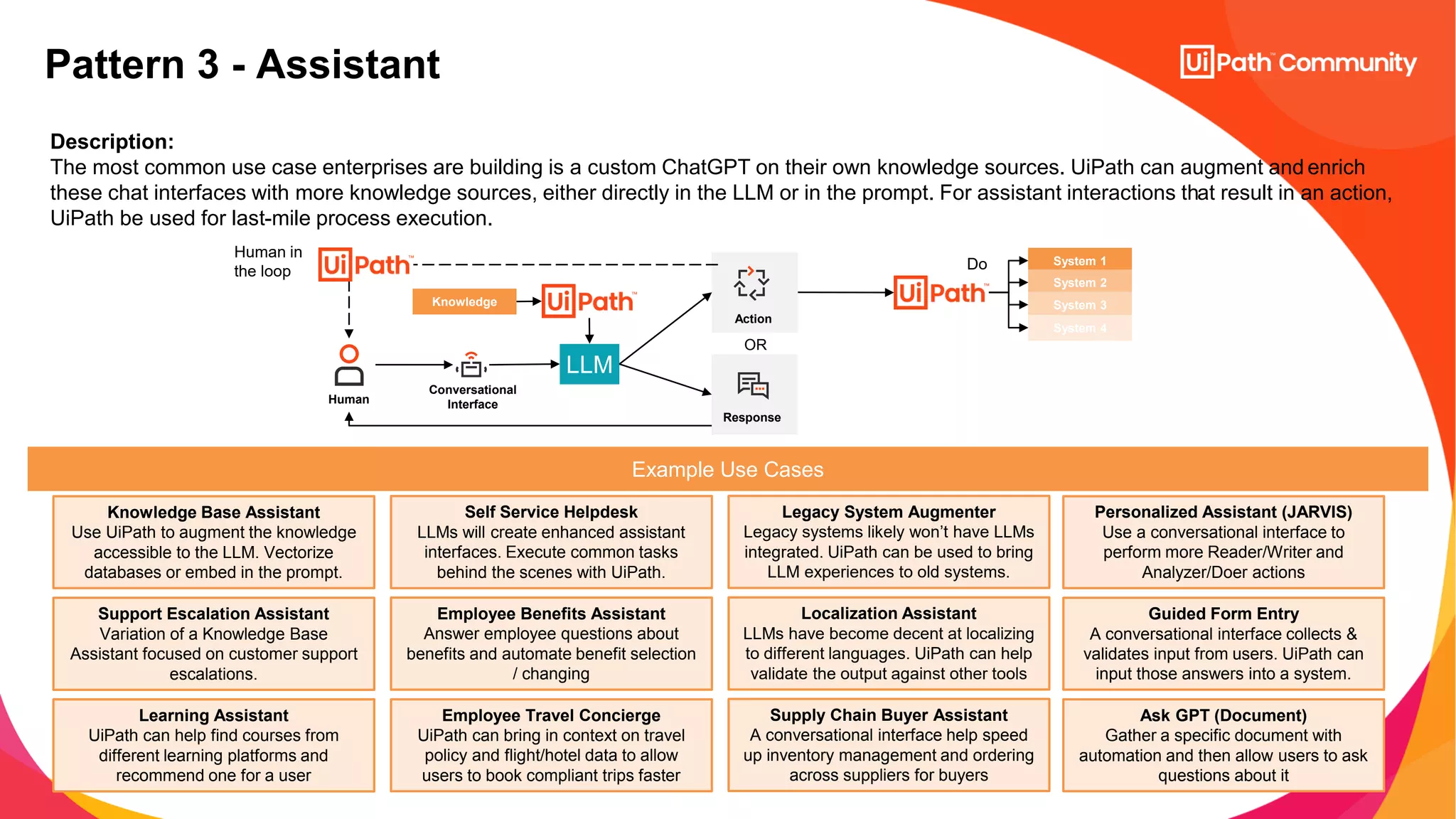 Pattern 3 - Assistant
Description:
The most common use case enterprises are building is a custom ChatGPT on their own knowledge sources. UiPath can augment and enrich
these chat interfaces with more knowledge sources, either directly in the LLM or in the prompt. For assistant interactions that result in an action,
UiPath be used for last-mile process execution.
LLM
System 1
System 2
System 3
System 4
Do
Conversational
Interface
Human
Knowledge
Response
Action
OR
Human in
the loop
Example Use Cases
Knowledge Base Assistant
Use UiPath to augment the knowledge
accessible to the LLM. Vectorize
databases or embed in the prompt.
Support Escalation Assistant
Variation of a Knowledge Base
Assistant focused on customer support
escalations.
Learning Assistant
UiPath can help find courses from
different learning platforms and
recommend one for a user
Self Service Helpdesk
LLMs will create enhanced assistant
interfaces. Execute common tasks
behind the scenes with UiPath.
Employee Benefits Assistant
Answer employee questions about
benefits and automate benefit selection
/ changing
Employee Travel Concierge
UiPath can bring in context on travel
policy and flight/hotel data to allow
users to book compliant trips faster
Legacy System Augmenter
Legacy systems likely won’t have LLMs
integrated. UiPath can be used to bring
LLM experiences to old systems.
Localization Assistant
LLMs have become decent at localizing
to different languages. UiPath can help
validate the output against other tools
Supply Chain Buyer Assistant
A conversational interface help speed
up inventory management and ordering
across suppliers for buyers
Personalized Assistant (JARVIS)
Use a conversational interface to
perform more Reader/Writer and
Analyzer/Doer actions
Guided Form Entry
A conversational interface collects &
validates input from users. UiPath can
input those answers into a system.
Ask GPT (Document)
Gather a specific document with
automation and then allow users to ask
questions about it
 