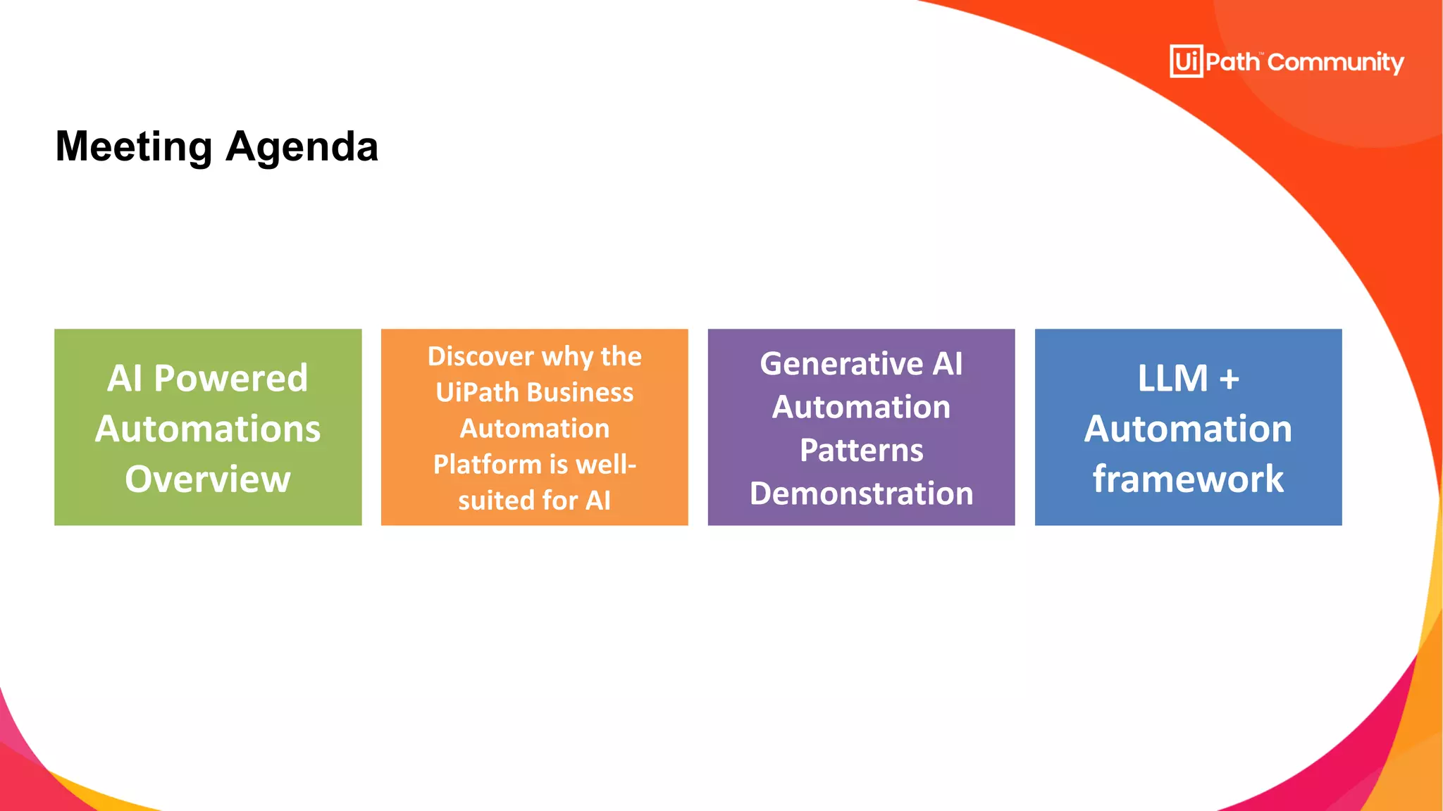 AI Powered
Automations
Overview
Generative AI
Automation
Patterns
Demonstration
LLM +
Automation
framework
Meeting Agenda
Discover why the
UiPath Business
Automation
Platform is well-
suited for AI
 