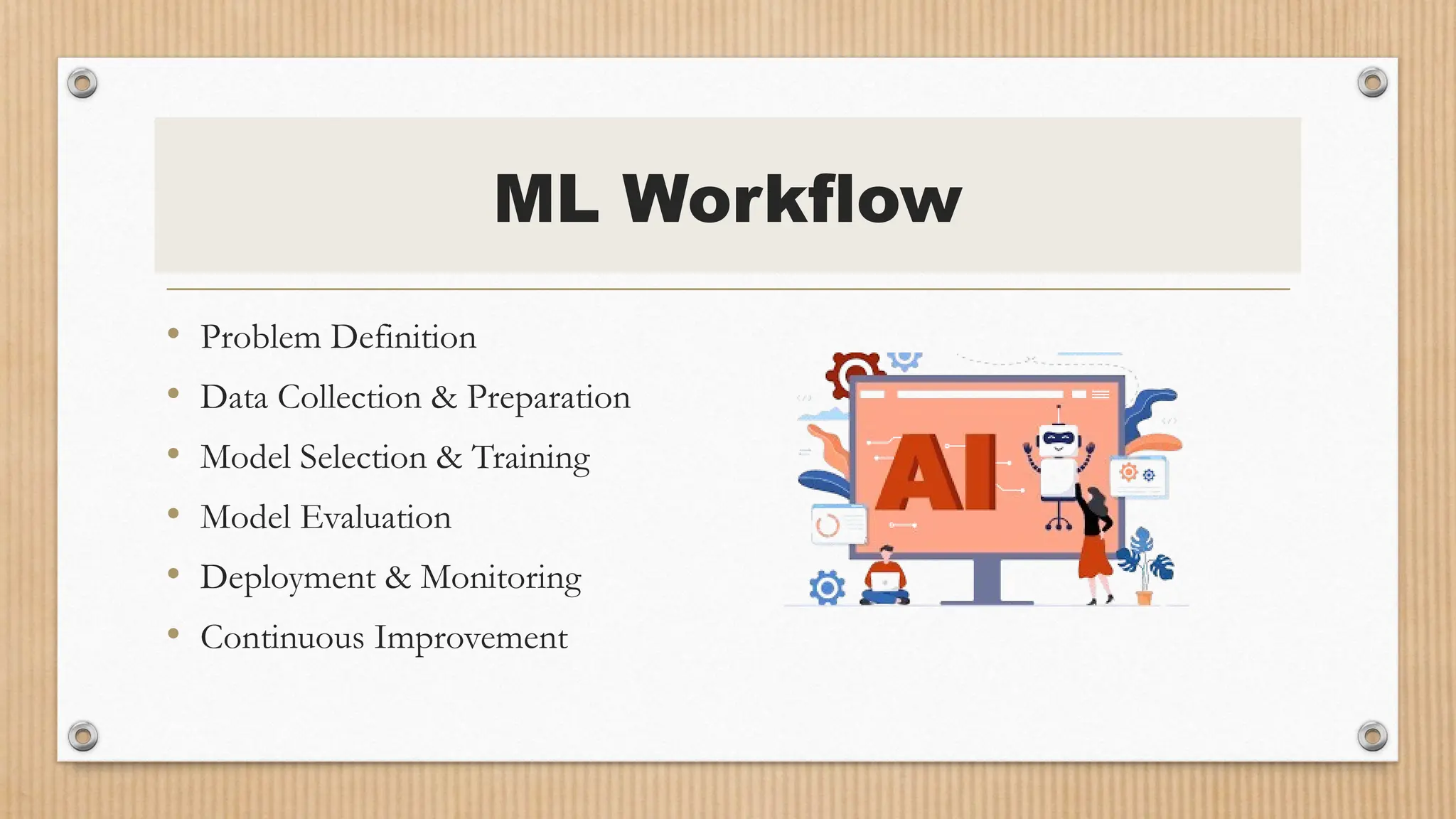 ML Workflow
• Problem Definition
• Data Collection & Preparation
• Model Selection & Training
• Model Evaluation
• Deployment & Monitoring
• Continuous Improvement
