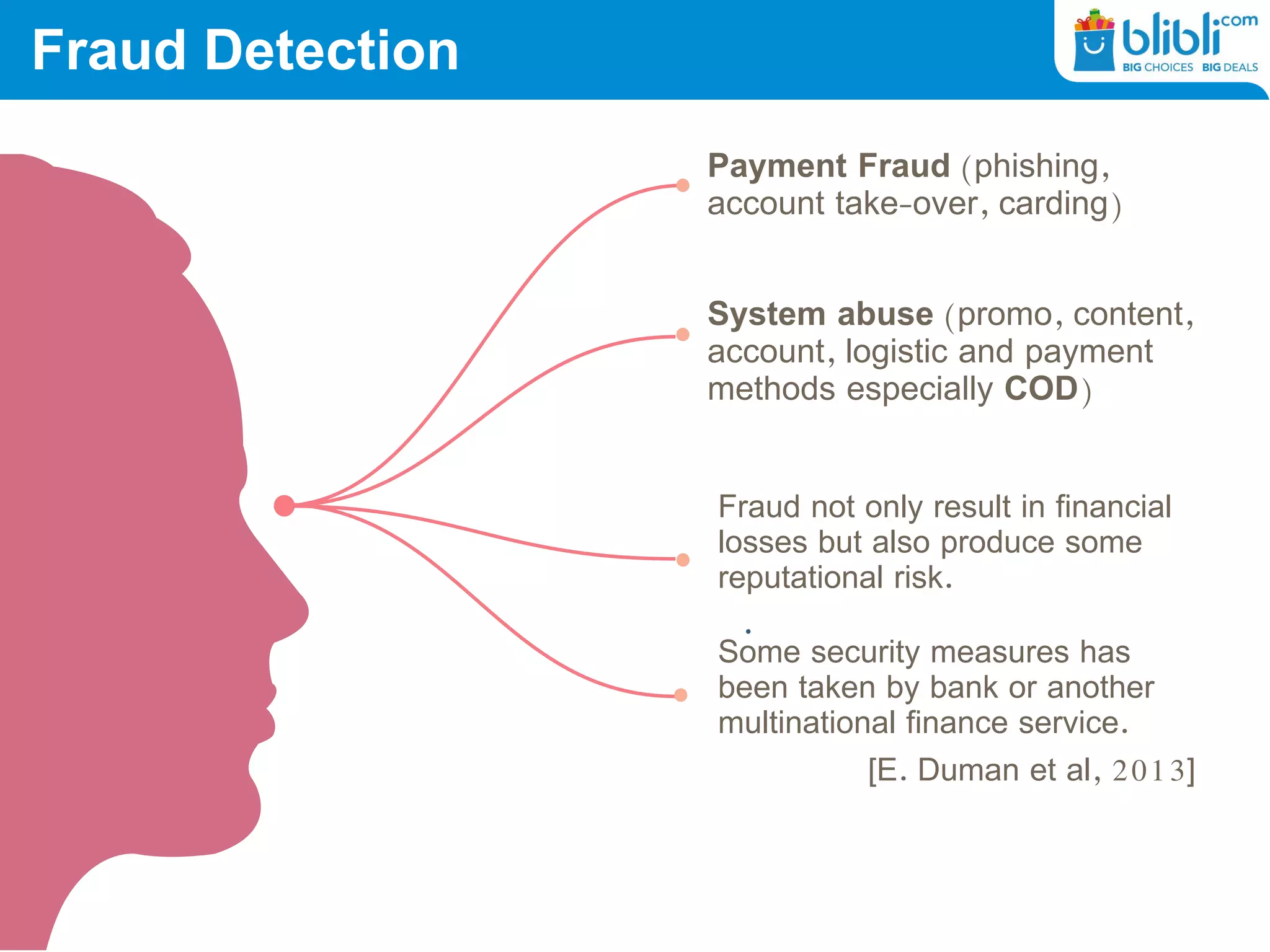 Fraud Detection
Payment Fraud (phishing,
account take-over, carding)
System abuse (promo, content,
account, logistic and payment
methods especially COD)
Fraud not only result in financial
losses but also produce some
reputational risk.
Some security measures has
been taken by bank or another
multinational finance service.
[E. Duman et al, 2013]
 