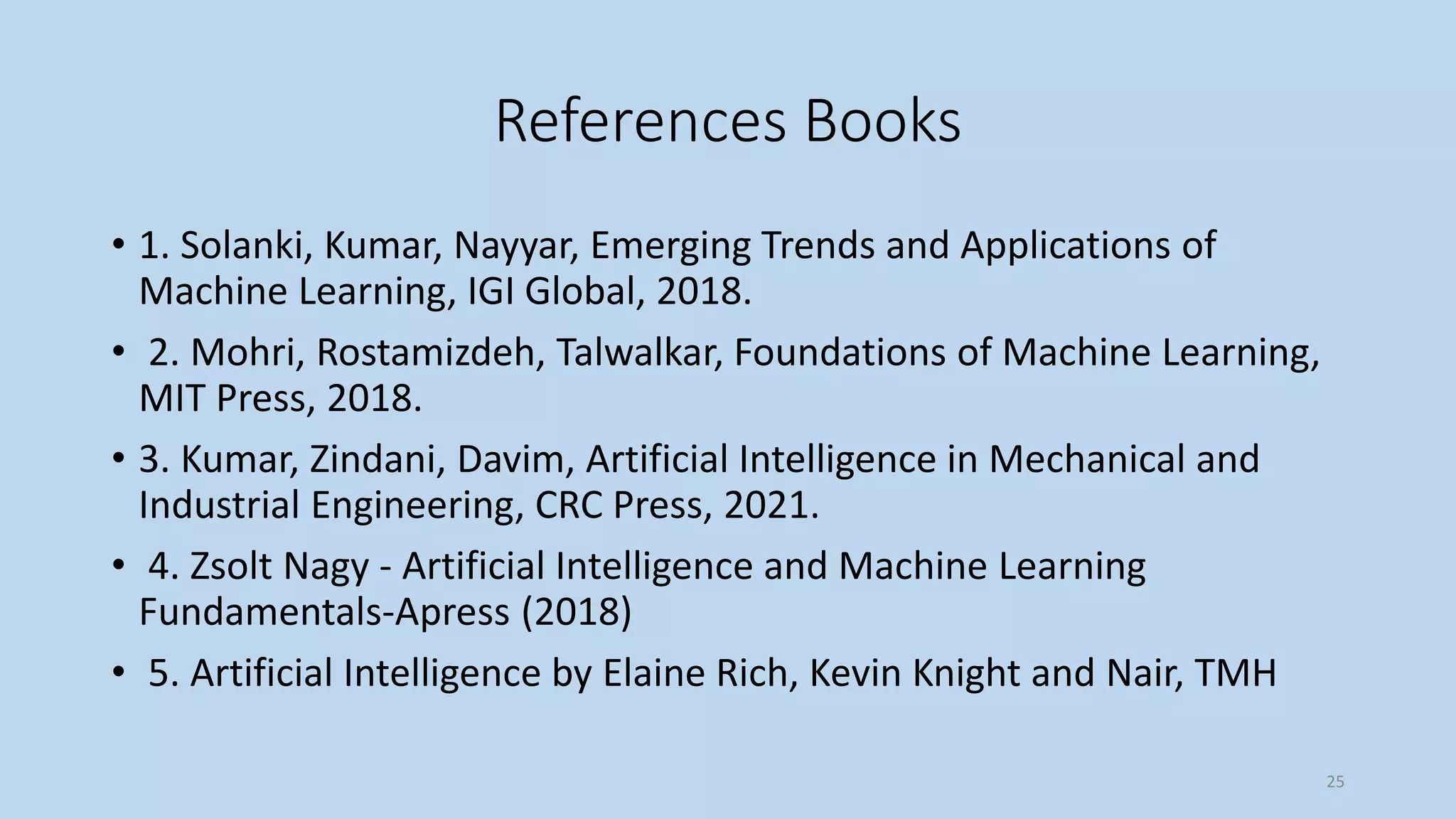 References Books
• 1. Solanki, Kumar, Nayyar, Emerging Trends and Applications of
Machine Learning, IGI Global, 2018.
• 2. Mohri, Rostamizdeh, Talwalkar, Foundations of Machine Learning,
MIT Press, 2018.
• 3. Kumar, Zindani, Davim, Artificial Intelligence in Mechanical and
Industrial Engineering, CRC Press, 2021.
• 4. Zsolt Nagy - Artificial Intelligence and Machine Learning
Fundamentals-Apress (2018)
• 5. Artificial Intelligence by Elaine Rich, Kevin Knight and Nair, TMH
25
 