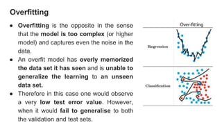 Overfitting
● Overfitting is the opposite in the sense
that the model is too complex (or higher
model) and captures even the noise in the
data.
● An overfit model has overly memorized
the data set it has seen and is unable to
generalize the learning to an unseen
data set.
● Therefore in this case one would observe
a very low test error value. However,
when it would fail to generalise to both
the validation and test sets.
 