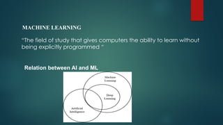 “The field of study that gives computers the ability to learn without
being explicitly programmed “
MACHINE LEARNING
Relation between AI and ML
 