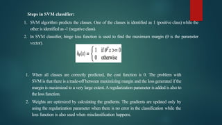 Steps in SVM classifier:
1. SVM algorithm predicts the classes. One of the classes is identified as 1 (positive class) while the
other is identified as -1 (negative class).
2. In SVM classifier, hinge loss function is used to find the maximum margin (θ is the parameter
vector).
1. When all classes are correctly predicted, the cost function is 0. The problem with
SVM is that there is a trade-off between maximizing margin and the loss generated if the
margin is maximized to a very large extent.Aregularization parameter is added is also to
the loss function.
2. Weights are optimized by calculating the gradients. The gradients are updated only by
using the regularization parameter when there is no error in the classification while the
loss function is also used when misclassification happens.
 