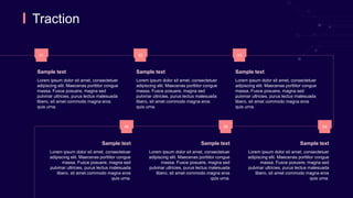 Traction
01
Lorem ipsum dolor sit amet, consectetuer
adipiscing elit. Maecenas porttitor congue
massa. Fusce posuere, magna sed
pulvinar ultricies, purus lectus malesuada
libero, sit amet commodo magna eros
quis urna.
Sample text
02
Lorem ipsum dolor sit amet, consectetuer
adipiscing elit. Maecenas porttitor congue
massa. Fusce posuere, magna sed
pulvinar ultricies, purus lectus malesuada
libero, sit amet commodo magna eros
quis urna.
Sample text
03
Lorem ipsum dolor sit amet, consectetuer
adipiscing elit. Maecenas porttitor congue
massa. Fusce posuere, magna sed
pulvinar ultricies, purus lectus malesuada
libero, sit amet commodo magna eros
quis urna.
Sample text
06
Lorem ipsum dolor sit amet, consectetuer
adipiscing elit. Maecenas porttitor congue
massa. Fusce posuere, magna sed
pulvinar ultricies, purus lectus malesuada
libero, sit amet commodo magna eros
quis urna.
Sample text
05
Lorem ipsum dolor sit amet, consectetuer
adipiscing elit. Maecenas porttitor congue
massa. Fusce posuere, magna sed
pulvinar ultricies, purus lectus malesuada
libero, sit amet commodo magna eros
quis urna.
Sample text
04
Lorem ipsum dolor sit amet, consectetuer
adipiscing elit. Maecenas porttitor congue
massa. Fusce posuere, magna sed
pulvinar ultricies, purus lectus malesuada
libero, sit amet commodo magna eros
quis urna.
Sample text
 