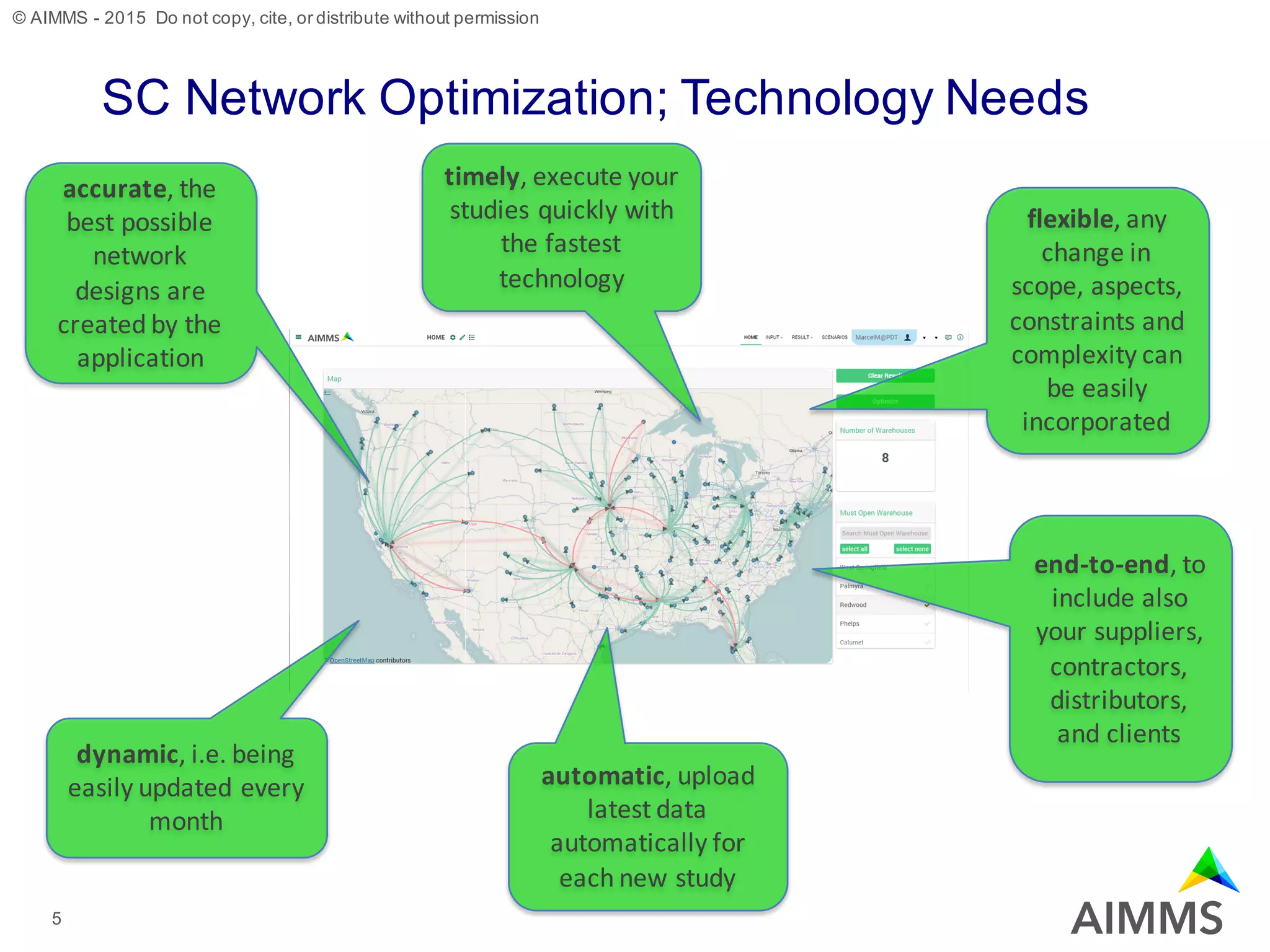 © AIMMS - 2015 Do not copy, cite, or distribute without permission
SC Network Optimization; Technology Needs
5
accurate,	the	
best	possible	
network	
designs	are	
created	by	the	
application
dynamic,	i.e.	being	
easily	updated	every	
month
automatic,	upload	
latest	data	
automatically	for	
each	new	study
timely,	execute	your	
studies	quickly	with	
the	fastest	
technology
flexible,	any	
change	in	
scope,	aspects,	
constraints	and	
complexity	can	
be	easily	
incorporated
end-to-end,	to	
include	also	
your	suppliers,	
contractors,	
distributors,		
and	clients
 