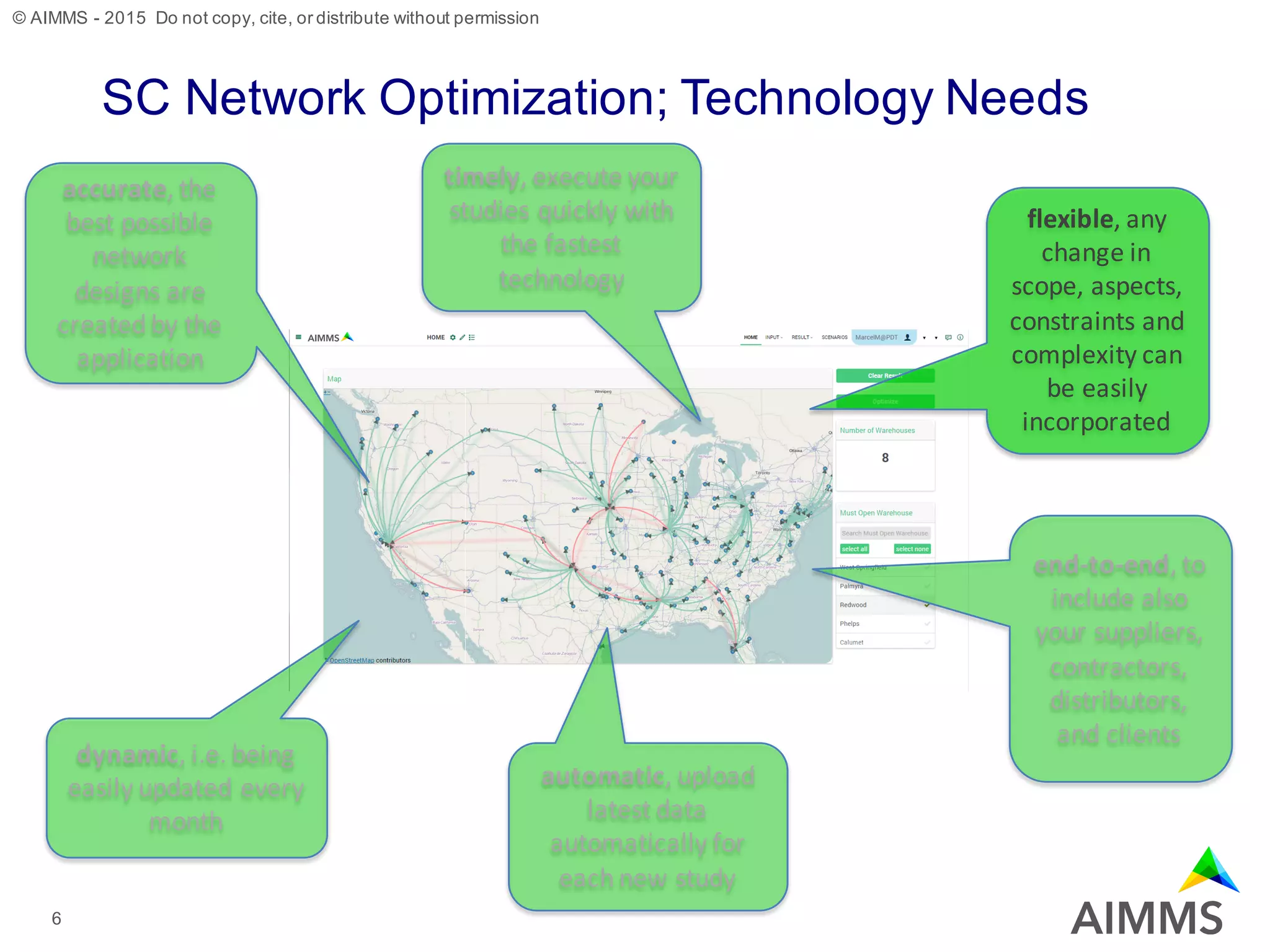 © AIMMS - 2015 Do not copy, cite, or distribute without permission
SC Network Optimization; Technology Needs
6
accurate,	the	
best	possible	
network	
designs	are	
created	by	the	
application
dynamic,	i.e.	being	
easily	updated	every	
month
automatic,	upload	
latest	data	
automatically	for	
each	new	study
timely,	execute	your	
studies	quickly	with	
the	fastest	
technology
flexible,	any	
change	in	
scope,	aspects,	
constraints	and	
complexity	can	
be	easily	
incorporated
end-to-end,	to	
include	also	
your	suppliers,	
contractors,	
distributors,		
and	clients
 
