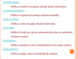 KNOWLEDGE:
Ability to recall or recognize already learnt information.
COMPREHENSION:
Ability to organize & arrange materials mentally.
APPLICATION:
Ability to select & apply already learnt rules.
ANALYSIS:
Ability to break up a given communication into its constituent
elements or parts.
SYNTHESIS :
Ability to produce a new communication from many sources.
JUDGEMENT :
Ability to judge values of materials & methods.
 