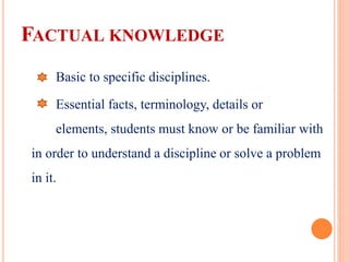 FACTUAL KNOWLEDGE
Basic to specific disciplines.
Essential facts, terminology, details or
elements, students must know or be familiar with
in order to understand a discipline or solve a problem
in it.
 