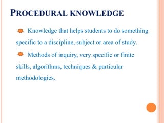 PROCEDURAL KNOWLEDGE
Knowledge that helps students to do something
specific to a discipline, subject or area of study.
Methods of inquiry, very specific or finite
skills, algorithms, techniques & particular
methodologies.
 