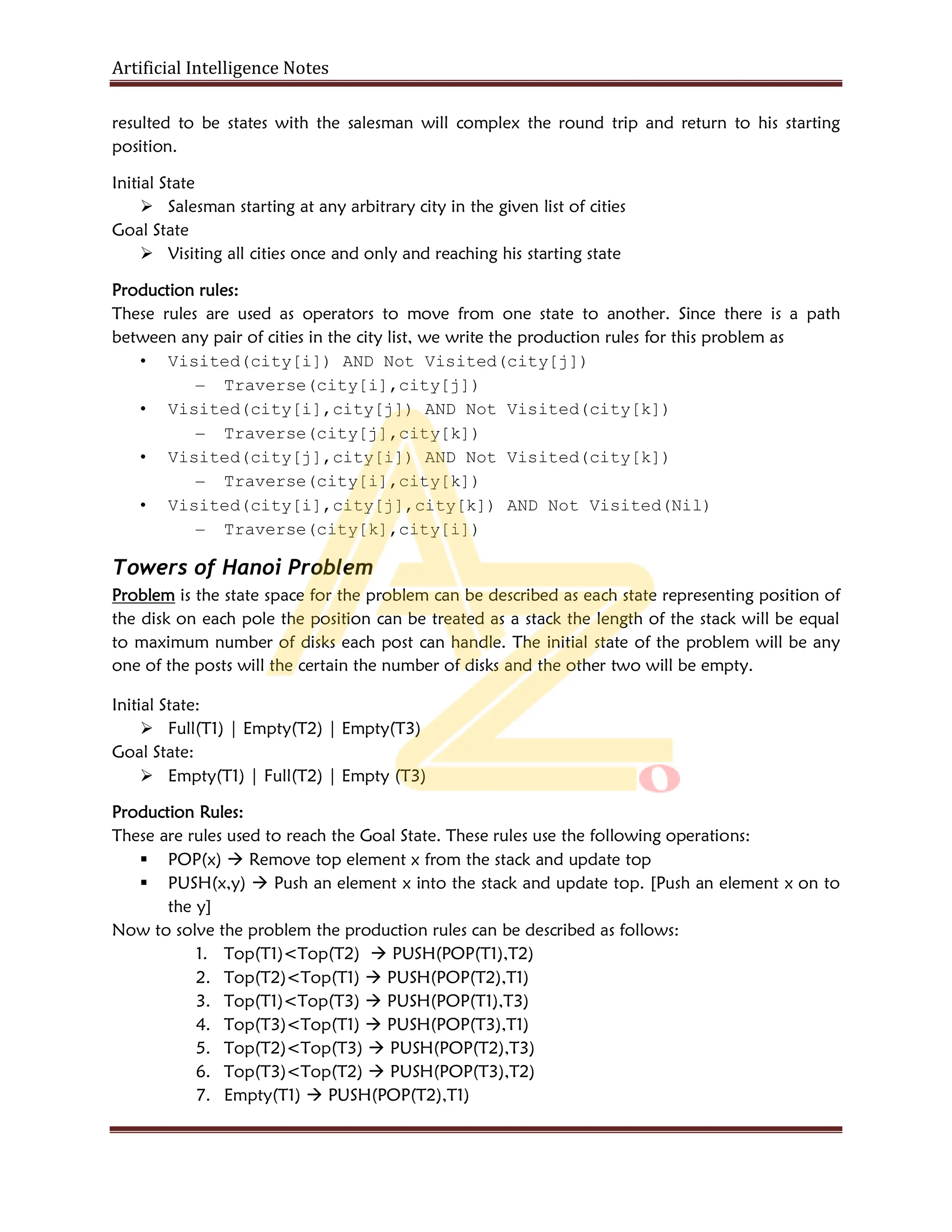 Artificial Intelligence Notes
resulted to be states with the salesman will complex the round trip and return to his starting
position.
Initial State
 Salesman starting at any arbitrary city in the given list of cities
Goal State
 Visiting all cities once and only and reaching his starting state
Production rules:
These rules are used as operators to move from one state to another. Since there is a path
between any pair of cities in the city list, we write the production rules for this problem as
• Visited(city[i]) AND Not Visited(city[j])
– Traverse(city[i],city[j])
• Visited(city[i],city[j]) AND Not Visited(city[k])
– Traverse(city[j],city[k])
• Visited(city[j],city[i]) AND Not Visited(city[k])
– Traverse(city[i],city[k])
• Visited(city[i],city[j],city[k]) AND Not Visited(Nil)
– Traverse(city[k],city[i])
Towers of Hanoi Problem
Problem is the state space for the problem can be described as each state representing position of
the disk on each pole the position can be treated as a stack the length of the stack will be equal
to maximum number of disks each post can handle. The initial state of the problem will be any
one of the posts will the certain the number of disks and the other two will be empty.
Initial State:
 Full(T1) | Empty(T2) | Empty(T3)
Goal State:
 Empty(T1) | Full(T2) | Empty (T3)
Production Rules:
These are rules used to reach the Goal State. These rules use the following operations:
 POP(x)  Remove top element x from the stack and update top
 PUSH(x,y)  Push an element x into the stack and update top. [Push an element x on to
the y]
Now to solve the problem the production rules can be described as follows:
1. Top(T1)<Top(T2)  PUSH(POP(T1),T2)
2. Top(T2)<Top(T1)  PUSH(POP(T2),T1)
3. Top(T1)<Top(T3)  PUSH(POP(T1),T3)
4. Top(T3)<Top(T1)  PUSH(POP(T3),T1)
5. Top(T2)<Top(T3)  PUSH(POP(T2),T3)
6. Top(T3)<Top(T2)  PUSH(POP(T3),T2)
7. Empty(T1)  PUSH(POP(T2),T1)
 