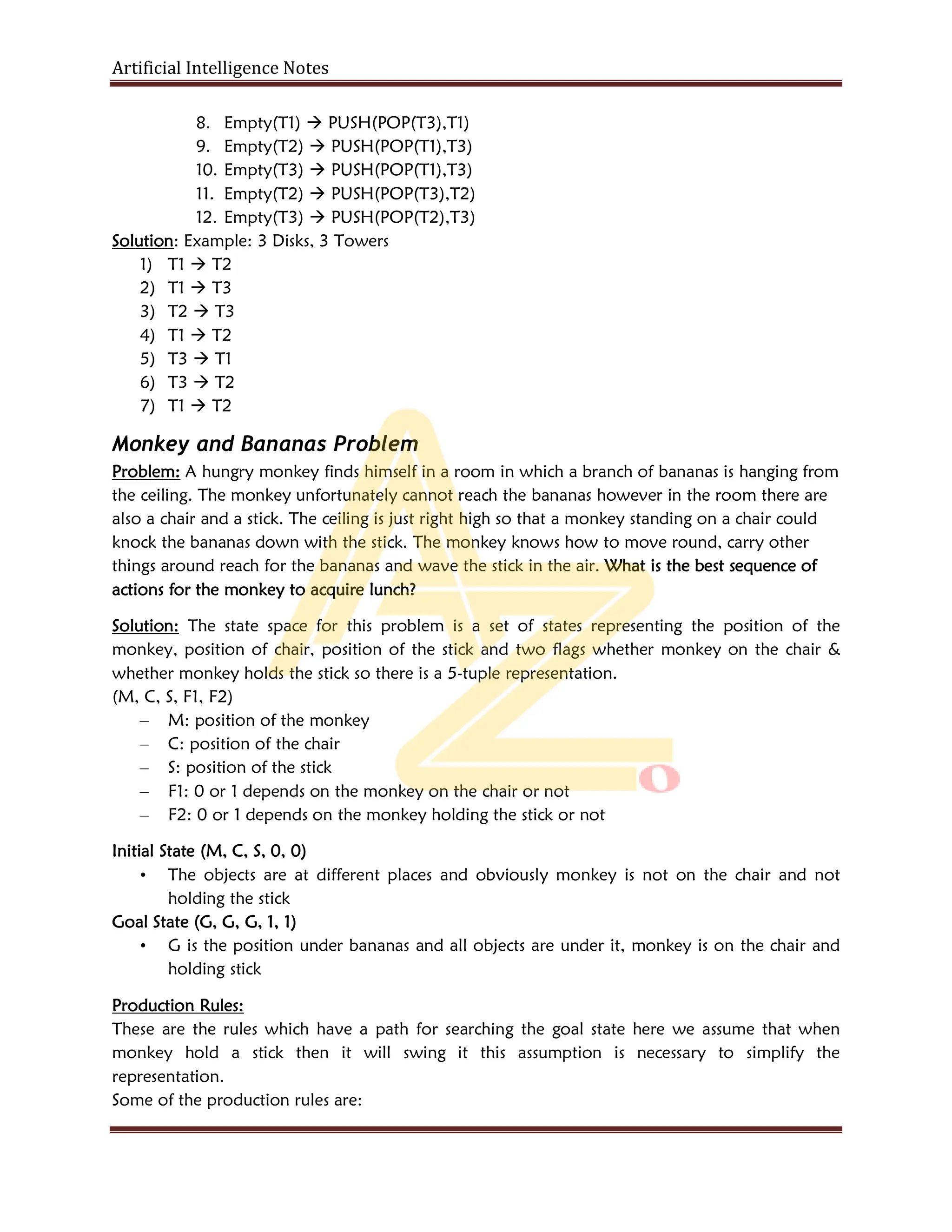 Artificial Intelligence Notes
8. Empty(T1)  PUSH(POP(T3),T1)
9. Empty(T2)  PUSH(POP(T1),T3)
10. Empty(T3)  PUSH(POP(T1),T3)
11. Empty(T2)  PUSH(POP(T3),T2)
12. Empty(T3)  PUSH(POP(T2),T3)
Solution: Example: 3 Disks, 3 Towers
1) T1  T2
2) T1  T3
3) T2  T3
4) T1  T2
5) T3  T1
6) T3  T2
7) T1  T2
Monkey and Bananas Problem
Problem: A hungry monkey finds himself in a room in which a branch of bananas is hanging from
the ceiling. The monkey unfortunately cannot reach the bananas however in the room there are
also a chair and a stick. The ceiling is just right high so that a monkey standing on a chair could
knock the bananas down with the stick. The monkey knows how to move round, carry other
things around reach for the bananas and wave the stick in the air. What is the best sequence of
actions for the monkey to acquire lunch?
Solution: The state space for this problem is a set of states representing the position of the
monkey, position of chair, position of the stick and two flags whether monkey on the chair &
whether monkey holds the stick so there is a 5-tuple representation.
(M, C, S, F1, F2)
– M: position of the monkey
– C: position of the chair
– S: position of the stick
– F1: 0 or 1 depends on the monkey on the chair or not
– F2: 0 or 1 depends on the monkey holding the stick or not
Initial State (M, C, S, 0, 0)
• The objects are at different places and obviously monkey is not on the chair and not
holding the stick
Goal State (G, G, G, 1, 1)
• G is the position under bananas and all objects are under it, monkey is on the chair and
holding stick
Production Rules:
These are the rules which have a path for searching the goal state here we assume that when
monkey hold a stick then it will swing it this assumption is necessary to simplify the
representation.
Some of the production rules are:
 