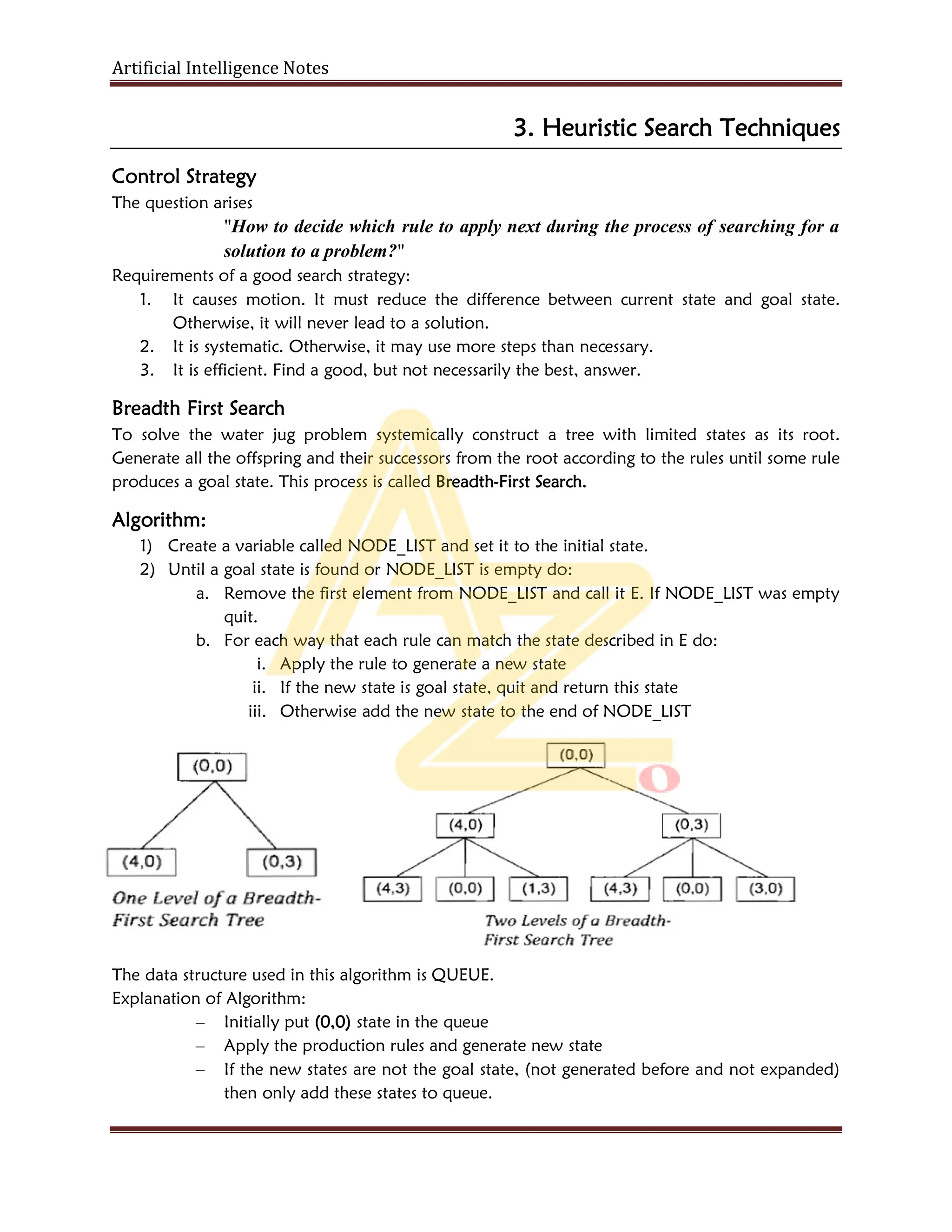 Artificial Intelligence Notes
3. Heuristic Search Techniques
Control Strategy
The question arises
"How to decide which rule to apply next during the process of searching for a
solution to a problem?"
Requirements of a good search strategy:
1. It causes motion. It must reduce the difference between current state and goal state.
Otherwise, it will never lead to a solution.
2. It is systematic. Otherwise, it may use more steps than necessary.
3. It is efficient. Find a good, but not necessarily the best, answer.
Breadth First Search
To solve the water jug problem systemically construct a tree with limited states as its root.
Generate all the offspring and their successors from the root according to the rules until some rule
produces a goal state. This process is called Breadth-First Search.
Algorithm:
1) Create a variable called NODE_LIST and set it to the initial state.
2) Until a goal state is found or NODE_LIST is empty do:
a. Remove the first element from NODE_LIST and call it E. If NODE_LIST was empty
quit.
b. For each way that each rule can match the state described in E do:
i. Apply the rule to generate a new state
ii. If the new state is goal state, quit and return this state
iii. Otherwise add the new state to the end of NODE_LIST
The data structure used in this algorithm is QUEUE.
Explanation of Algorithm:
– Initially put (0,0) state in the queue
– Apply the production rules and generate new state
– If the new states are not the goal state, (not generated before and not expanded)
then only add these states to queue.
 