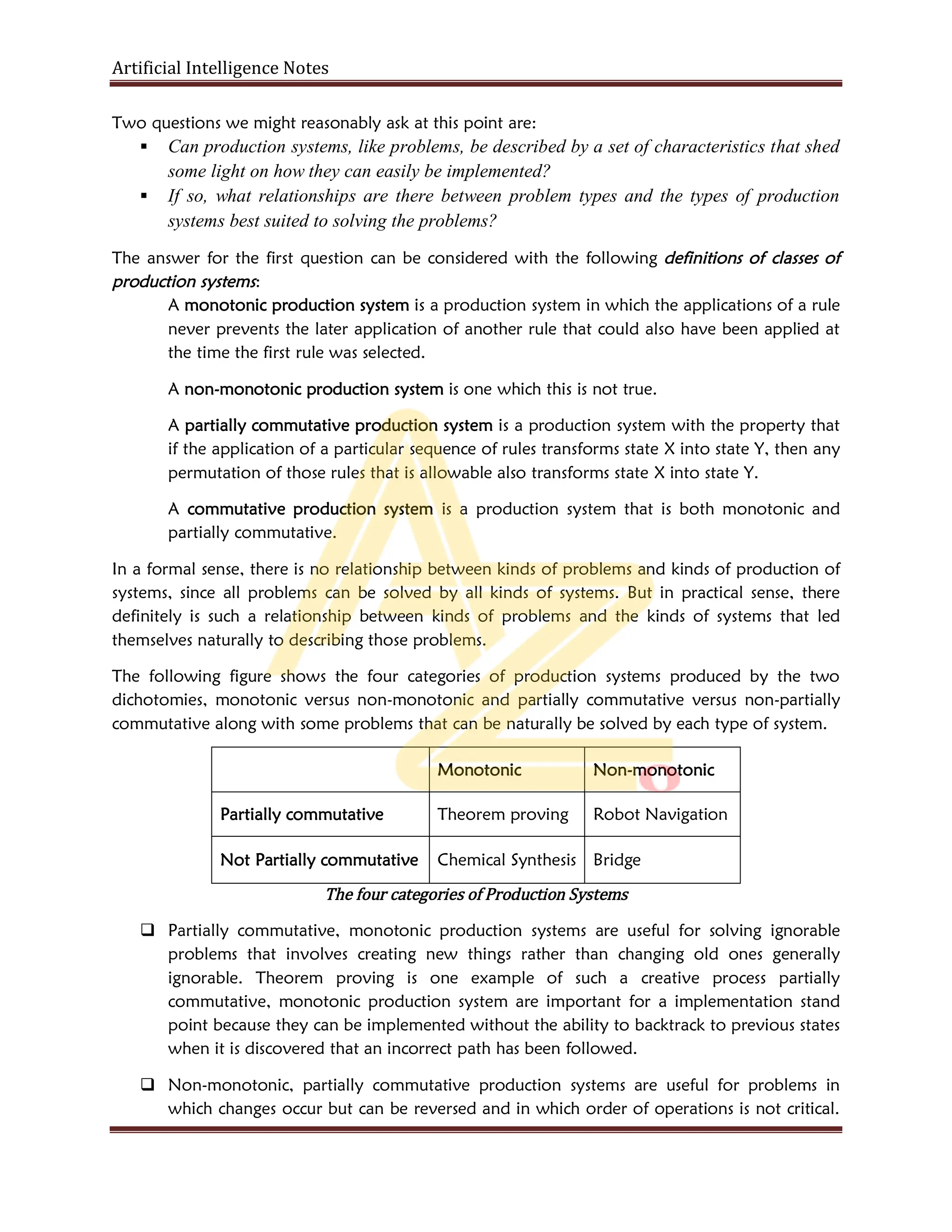 Artificial Intelligence Notes
Two questions we might reasonably ask at this point are:
 Can production systems, like problems, be described by a set of characteristics that shed
some light on how they can easily be implemented?
 If so, what relationships are there between problem types and the types of production
systems best suited to solving the problems?
The answer for the first question can be considered with the following definitions of classes of
production systems:
A monotonic production system is a production system in which the applications of a rule
never prevents the later application of another rule that could also have been applied at
the time the first rule was selected.
A non-monotonic production system is one which this is not true.
A partially commutative production system is a production system with the property that
if the application of a particular sequence of rules transforms state X into state Y, then any
permutation of those rules that is allowable also transforms state X into state Y.
A commutative production system is a production system that is both monotonic and
partially commutative.
In a formal sense, there is no relationship between kinds of problems and kinds of production of
systems, since all problems can be solved by all kinds of systems. But in practical sense, there
definitely is such a relationship between kinds of problems and the kinds of systems that led
themselves naturally to describing those problems.
The following figure shows the four categories of production systems produced by the two
dichotomies, monotonic versus non-monotonic and partially commutative versus non-partially
commutative along with some problems that can be naturally be solved by each type of system.
Monotonic Non-monotonic
Partially commutative Theorem proving Robot Navigation
Not Partially commutative Chemical Synthesis Bridge
The four categories of Production Systems
 Partially commutative, monotonic production systems are useful for solving ignorable
problems that involves creating new things rather than changing old ones generally
ignorable. Theorem proving is one example of such a creative process partially
commutative, monotonic production system are important for a implementation stand
point because they can be implemented without the ability to backtrack to previous states
when it is discovered that an incorrect path has been followed.
 Non-monotonic, partially commutative production systems are useful for problems in
which changes occur but can be reversed and in which order of operations is not critical.
 