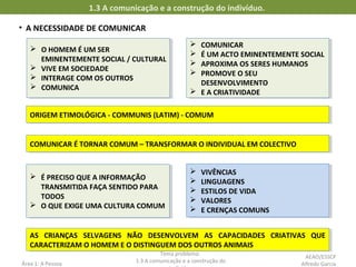 • A NECESSIDADE DE COMUNICAR
1.3 A comunicação e a construção do indivíduo.
ORIGEM ETIMOLÓGICA - COMMUNIS (LATIM) - COMUMORIGEM ETIMOLÓGICA - COMMUNIS (LATIM) - COMUM
 É PRECISO QUE A INFORMAÇÃO
TRANSMITIDA FAÇA SENTIDO PARA
TODOS
 O QUE EXIGE UMA CULTURA COMUM
 É PRECISO QUE A INFORMAÇÃO
TRANSMITIDA FAÇA SENTIDO PARA
TODOS
 O QUE EXIGE UMA CULTURA COMUM
 VIVÊNCIAS
 LINGUAGENS
 ESTILOS DE VIDA
 VALORES
 E CRENÇAS COMUNS
 VIVÊNCIAS
 LINGUAGENS
 ESTILOS DE VIDA
 VALORES
 E CRENÇAS COMUNS
Área 1: A Pessoa
Tema problema:
1.3 A comunicação e a construção do
COMUNICAR É TORNAR COMUM – TRANSFORMAR O INDIVIDUAL EM COLECTIVOCOMUNICAR É TORNAR COMUM – TRANSFORMAR O INDIVIDUAL EM COLECTIVO
AS CRIANÇAS SELVAGENS NÃO DESENVOLVEM AS CAPACIDADES CRIATIVAS QUE
CARACTERIZAM O HOMEM E O DISTINGUEM DOS OUTROS ANIMAIS
AS CRIANÇAS SELVAGENS NÃO DESENVOLVEM AS CAPACIDADES CRIATIVAS QUE
CARACTERIZAM O HOMEM E O DISTINGUEM DOS OUTROS ANIMAIS
 O HOMEM É UM SER
EMINENTEMENTE SOCIAL / CULTURAL
 VIVE EM SOCIEDADE
 INTERAGE COM OS OUTROS
 COMUNICA
 O HOMEM É UM SER
EMINENTEMENTE SOCIAL / CULTURAL
 VIVE EM SOCIEDADE
 INTERAGE COM OS OUTROS
 COMUNICA
 COMUNICAR
 É UM ACTO EMINENTEMENTE SOCIAL
 APROXIMA OS SERES HUMANOS
 PROMOVE O SEU
DESENVOLVIMENTO
 E A CRIATIVIDADE
 COMUNICAR
 É UM ACTO EMINENTEMENTE SOCIAL
 APROXIMA OS SERES HUMANOS
 PROMOVE O SEU
DESENVOLVIMENTO
 E A CRIATIVIDADE
AEAO/ESSCP
Alfredo Garcia
 