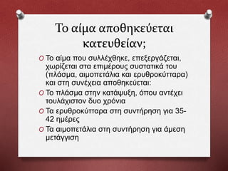 Το αίμα αποθηκεύεται
κατευθείαν;
O Το αίμα που συλλέχθηκε, επεξεργάζεται,
χωρίζεται στα επιμέρους συστατικά του
(πλάσμα, αιμοπετάλια και ερυθροκύτταρα)
και στη συνέχεια αποθηκεύεται:
O Το πλάσμα στην κατάψυξη, όπου αντέχει
τουλάχιστον δυο χρόνια
O Τα ερυθροκύτταρα στη συντήρηση για 35-
42 ημέρες
O Τα αιμοπετάλια στη συντήρηση για άμεση
μετάγγιση
 
