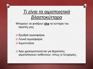 Τι είναι τα αιμοποιητικά
βλαστοκύτταρα
Μπορούν να φτιάξουν όλα τα κύτταρα του
αίματός μας
O Ερυθρά αιμοσφαίρια
O Λευκά αιμοσφαίρια
O Αιμοπετάλια
O Άρα χρησιμοποιούνται για θεραπείες
αιματολογικών ασθενειών, όπως οι λευχαιμίες.
 