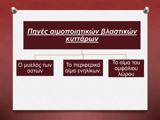 Πηγές αιμοποιητικών βλαστικών
κυττάρων
Ο μυελός των
οστών
Το περιφερικό
αίμα ενηλίκων.
Το αίμα του
ομφάλιου
λώρου
 