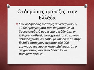 Οι δημόσιες τράπεζες στην
Ελλάδα
O Εάν οι δημόσιες τράπεζες συγκεντρώσουν
10.000 μοσχεύματα τότε θα μπορούν να
βρουν συμβατό μόσχευμα σχεδόν όλοι οι
Έλληνες ασθενείς που χρειάζεται να κάνουν
μεταμόσχευση. Αν λάβουμε υπ’ όψιν ότι στην
Ελλάδα υπάρχουν περίπου 100.000
γεννήσεις τον χρόνο καταλαβαίνουμε ότι ο
στόχος αυτός δεν είναι δύσκολο να
πραγματοποιηθεί.
 