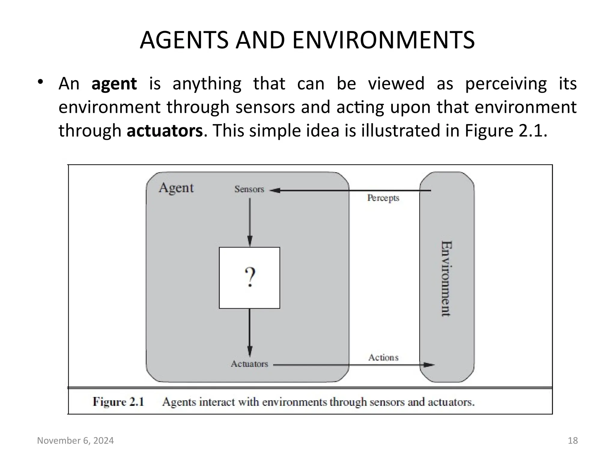 November 6, 2024 18
AGENTS AND ENVIRONMENTS
• An agent is anything that can be viewed as perceiving its
environment through sensors and acting upon that environment
through actuators. This simple idea is illustrated in Figure 2.1.
 