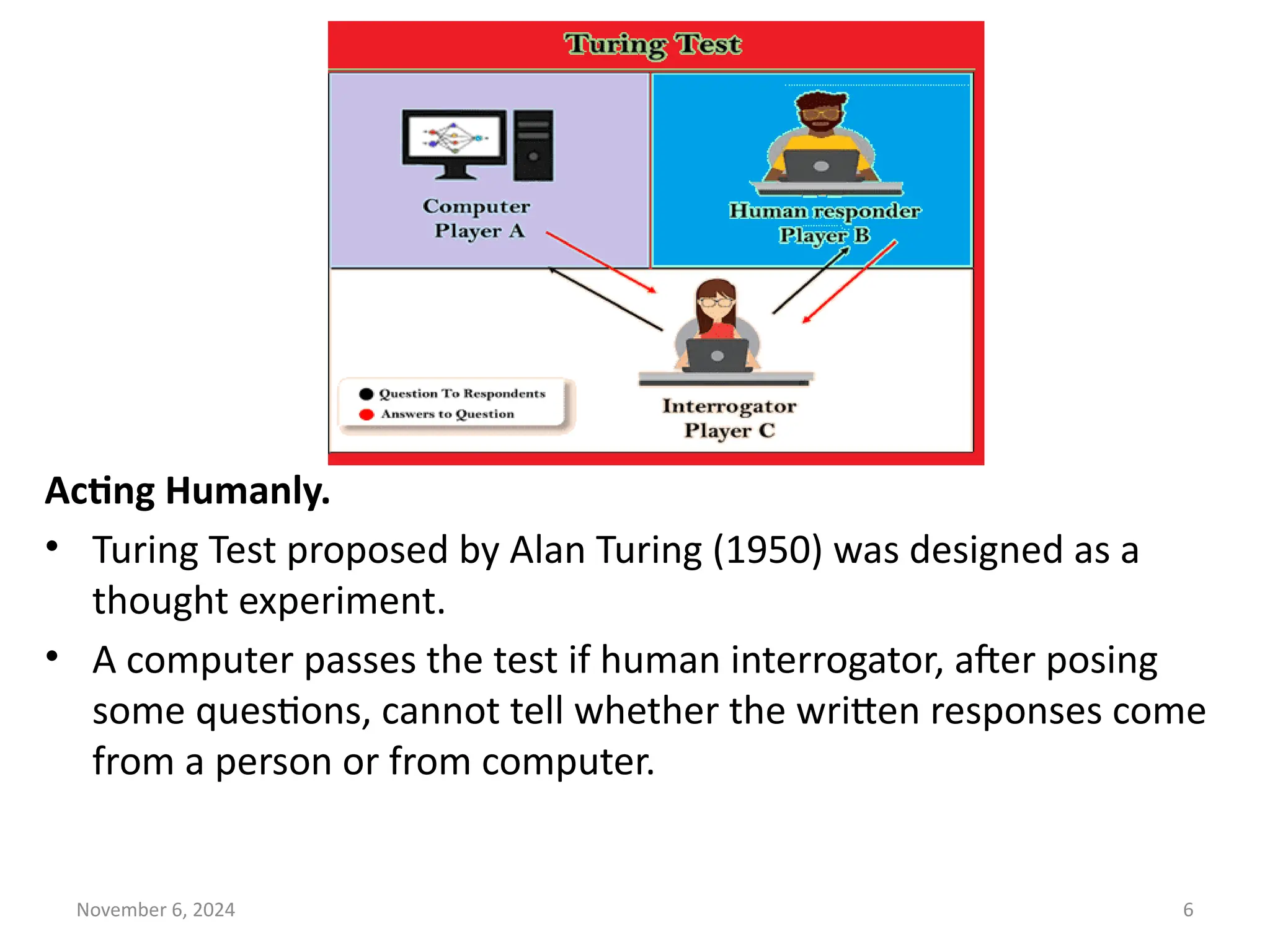 November 6, 2024 6
Acting Humanly.
• Turing Test proposed by Alan Turing (1950) was designed as a
thought experiment.
• A computer passes the test if human interrogator, after posing
some questions, cannot tell whether the written responses come
from a person or from computer.
 