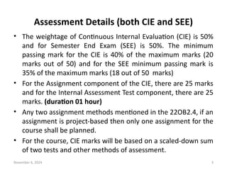 November 6, 2024 3
Assessment Details (both CIE and SEE)
• The weightage of Continuous Internal Evaluation (CIE) is 50%
and for Semester End Exam (SEE) is 50%. The minimum
passing mark for the CIE is 40% of the maximum marks (20
marks out of 50) and for the SEE minimum passing mark is
35% of the maximum marks (18 out of 50 marks)
• For the Assignment component of the CIE, there are 25 marks
and for the Internal Assessment Test component, there are 25
marks. (duration 01 hour)
• Any two assignment methods mentioned in the 22OB2.4, if an
assignment is project-based then only one assignment for the
course shall be planned.
• For the course, CIE marks will be based on a scaled-down sum
of two tests and other methods of assessment.
 