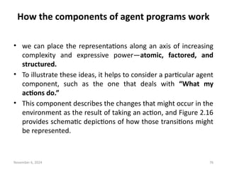 November 6, 2024 76
How the components of agent programs work
• we can place the representations along an axis of increasing
complexity and expressive power—atomic, factored, and
structured.
• To illustrate these ideas, it helps to consider a particular agent
component, such as the one that deals with “What my
actions do.”
• This component describes the changes that might occur in the
environment as the result of taking an action, and Figure 2.16
provides schematic depictions of how those transitions might
be represented.
 
