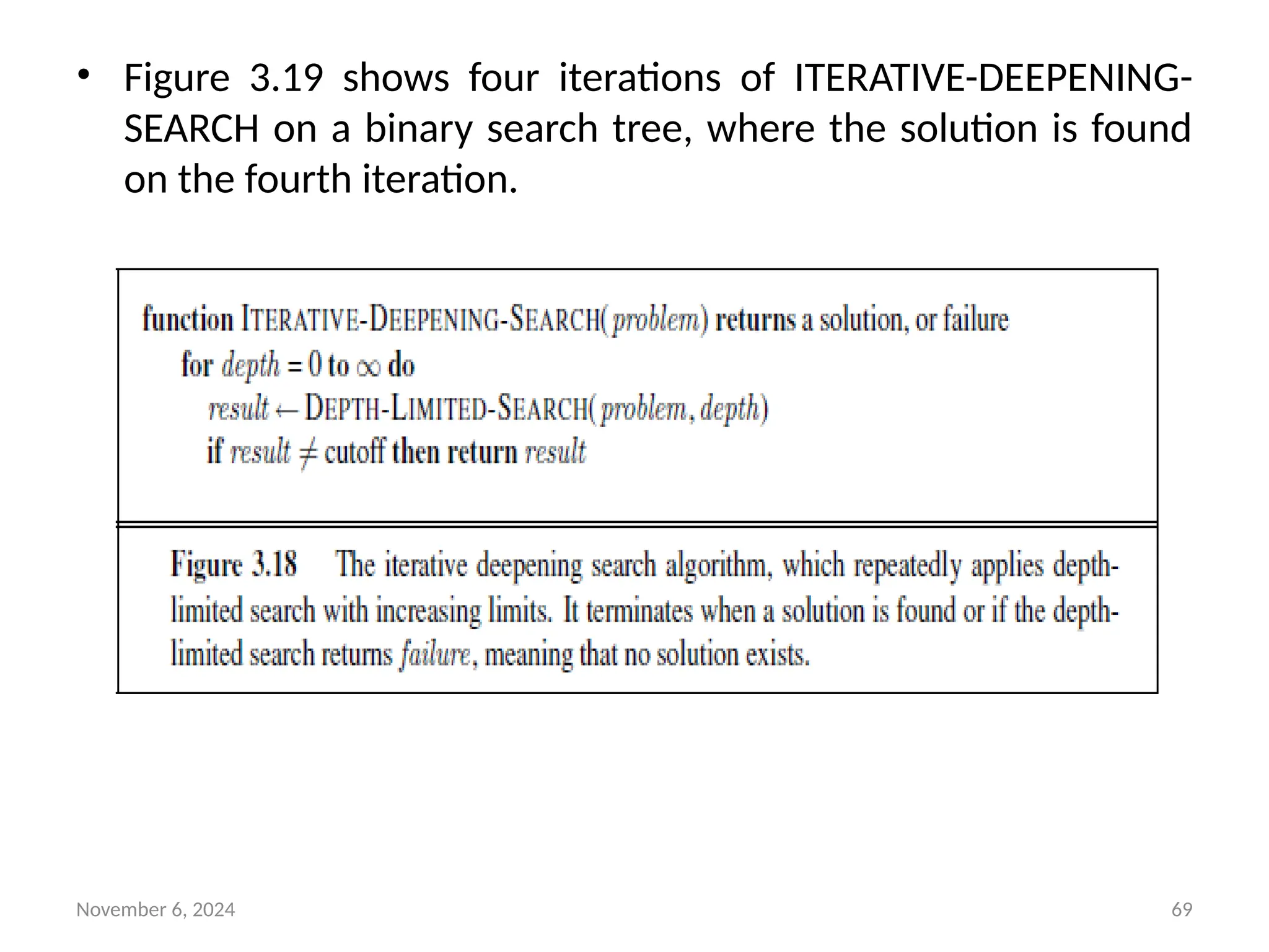 November 6, 2024 69
• Figure 3.19 shows four iterations of ITERATIVE-DEEPENING-
SEARCH on a binary search tree, where the solution is found
on the fourth iteration.
 