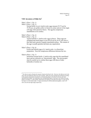 WHO/CTD/SIP/98.2
                                                                                                   Page 21


VIII Inventory of Slide Set2

Slide 1 (Plate 1, Fig. 1)
Slide 2 (Plate 1, Fig. 2)
         Normal fertile Ascaris lumbricoides eggs measure 55-75 µm by
         35-50 µm, are golden yellow to brown in colour and are in the single
         cell stage when passed in faeces. The egg has conspicuous
         mamillations on its surface.

Slide 3 (Plate 1, Fig. 4)
Slide 4 (Plate 1, Fig. 5)
         Typical infertile A. lumbricoides eggs in faeces. These eggs are
         elongated and much larger in size (85-95 µm by 43-47 µm), have a
         thin shell and a grossly irregular mamillated surface. The content of
         the egg is usually granular and lacks any organization.

Slide 5 (Plate 1, Fig. 6)
         Fertile and infertile eggs of A. lumbricoides in a Kato-Katz
         preparation. Note the conspicuous differences between the two.

Slide 6 (Plate 1, Fig. 7)
         Sometimes normal fertile A. lumbricoides eggs lack the mamillated
         layer and are referred to as “decorticated” eggs. The microscopist
         must be careful not to confuse these eggs with those of other
         helminths of similar size.




2
  The slide set used to illustrate the manual is based on the Bench Aids. However, the slides are not in the
same order and additional slides have been included. Slides have been arranged and numbered according
to the sequence proposed for presentation. Corresponding figures in the Bench Aids have also been
identified and included. The numbering of the corresponding figures in the Bench Aids follows the same
pattern in all plates, i.e. plate number, followed by the sequence on the plate (first figure is on the top left,
last figure is on the bottom right). In figures presenting two different photomicrographs, a and b will
refer to the left and right image respectively.
 