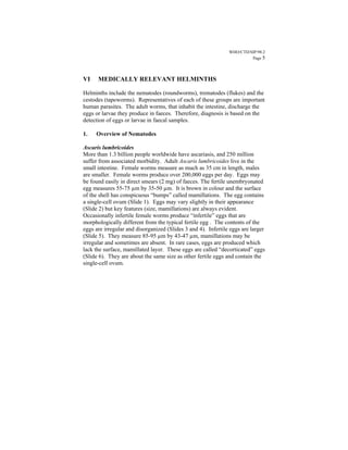 WHO/CTD/SIP/98.2
                                                                        Page 5




VI    MEDICALLY RELEVANT HELMINTHS

Helminths include the nematodes (roundworms), trematodes (flukes) and the
cestodes (tapeworms). Representatives of each of these groups are important
human parasites. The adult worms, that inhabit the intestine, discharge the
eggs or larvae they produce in faeces. Therefore, diagnosis is based on the
detection of eggs or larvae in faecal samples.

1.   Overview of Nematodes

Ascaris lumbricoides
More than 1.3 billion people worldwide have ascariasis, and 250 million
suffer from associated morbidity. Adult Ascaris lumbricoides live in the
small intestine. Female worms measure as much as 35 cm in length, males
are smaller. Female worms produce over 200,000 eggs per day. Eggs may
be found easily in direct smears (2 mg) of faeces. The fertile unembryonated
egg measures 55-75 µm by 35-50 µm. It is brown in colour and the surface
of the shell has conspicuous “bumps” called mamillations. The egg contains
a single-cell ovum (Slide 1). Eggs may vary slightly in their appearance
(Slide 2) but key features (size, mamillations) are always evident.
Occasionally infertile female worms produce “infertile” eggs that are
morphologically different from the typical fertile egg . The contents of the
eggs are irregular and disorganized (Slides 3 and 4). Infertile eggs are larger
(Slide 5). They measure 85-95 µm by 43-47 µm, mamillations may be
irregular and sometimes are absent. In rare cases, eggs are produced which
lack the surface, mamillated layer. These eggs are called “decorticated” eggs
(Slide 6). They are about the same size as other fertile eggs and contain the
single-cell ovum.
 