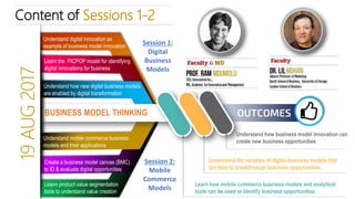 Content of Sessions 1-2
Understand how new digital business models
are enabled by digital transformation
Learn the PICPOP model for identifying
digital innovations for business
Understand digital innovation as
example of business model innovation
BUSINESS MODEL THINKING
Understand how business model innovation can
create new business opportunities
19AUG2017
Understand mobile commerce business
models and their applications
Create a business model canvas (BMC)
to ID & evaluate digital opportunities
Leann product value segmentation
tools to understand value creation
Learn how mobile commerce business models and analytical
tools can be used to identify business opportunities
Session 1:
Digital
Business
Models
Session 2:
Mobile
Commerce
Models
Understand the varieties of digital business models that
can lead to breakthrough business opportunities
 