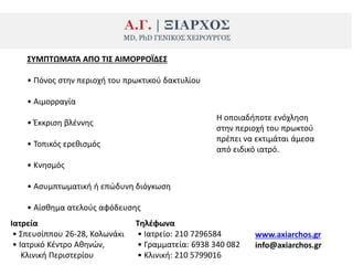 ΢ΤΜΠΣΩΜΑΣΑ ΑΠΟ ΣΙ΢ ΑΙΜΟΡΡΟΪΔΕ΢
• Ρόνοσ ςτθν περιοχι του πρωκτικοφ δακτυλίου
• Αιμορραγία
• Ζκκριςθ βλζννθσ
• Τοπικόσ ερεκιςμόσ
• Κνθςμόσ
• Αςυμπτωματικι ι επϊδυνθ διόγκωςθ
• Αίςκθμα ατελοφσ αφόδευςθσ
Η οποιαδιποτε ενόχλθςθ
ςτθν περιοχι του πρωκτοφ
πρζπει να εκτιμάται άμεςα
από ειδικό ιατρό.
Ιατρεία
• Σπευςίππου 26-28, Κολωνάκι
• Ιατρικό Κζντρο Ακθνϊν,
Κλινικι Ρεριςτερίου
Σθλζφωνα
• Ιατρείο: 210 7296584
• Γραμματεία: 6938 340 082
• Κλινικι: 210 5799016
www.axiarchos.gr
info@axiarchos.gr
 