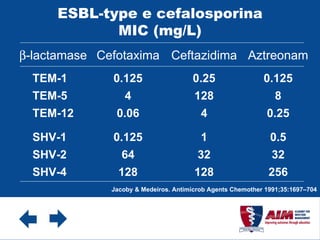 ESBL-type e cefalosporina MIC (mg/L) Jacoby & Medeiros. Antimicrob Agents Chemother 1991;35:1697–704  -lactamase TEM-1 TEM-5 TEM-12 SHV-1 SHV-2 SHV-4 Cefotaxima Ceftazidima Aztreonam 0.125 4 0.06 0.125 64 128 0.25 128 4 1 32 128 0.125 8 0.25 0.5 32 256 