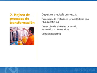 2. Mejora de
procesos de
transformación
Dispersión y reología de mezclas
Procesado de materiales termoplásticos con
fibras continuas
Desarrollo de sistemas de curado
avanzados en composites
Extrusión reactiva
 