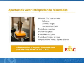 Identificación y caracterización
Polímeros
Aditivos y cargas
Sustancias residuales
Propiedades mecánicas
Propiedades ópticas
Propiedades reológicas
Propiedades físicas y térmicas
Comportamiento frente a agentes externos
Aportamos valor interpretando resultados
Laboratorios con el mayor nº de acreditaciones
para plásticos (UNE-EN ISO/IEC 17025)
 