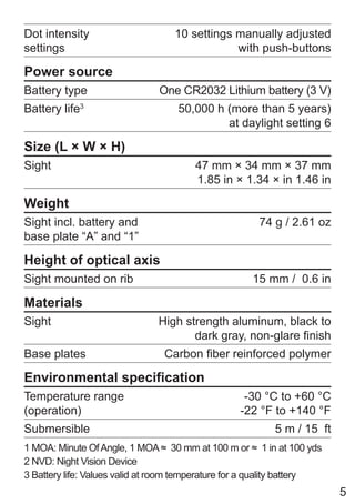 5
Dot intensity
settings
10 settings manually adjusted
with push-buttons
Power source
Battery type One CR2032 Lithium battery (3 V)
Battery life3
50,000 h (more than 5 years)
at daylight setting 6
Size (L × W × H)
Sight 47 mm × 34 mm × 37 mm
1.85 in × 1.34 × in 1.46 in
Weight
Sight incl. battery and
base plate “A” and “1”
74 g / 2.61 oz
Height of optical axis
Sight mounted on rib 15 mm / 0.6 in
Materials
Sight High strength aluminum, black to
dark gray, non-glare finish
Base plates Carbon fiber reinforced polymer
Environmental specification
Temperature range
(operation)
-30 °C to +60 °C
-22 °F to +140 °F
Submersible 5 m / 15 ft
1 MOA: Minute OfAngle, 1 MOA≈ 30 mm at 100 m or ≈ 1 in at 100 yds
2 NVD: Night Vision Device
3 Battery life: Values valid at room temperature for a quality battery
 
