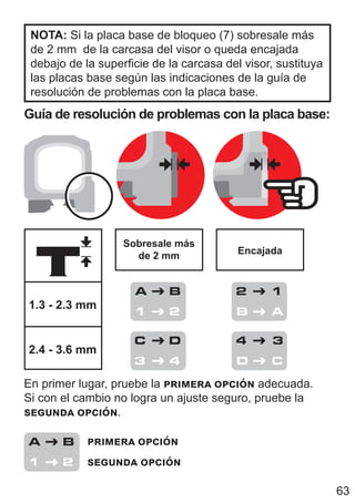 63
NOTA: Si la placa base de bloqueo (7) sobresale más
de 2 mm de la carcasa del visor o queda encajada
debajo de la superficie de la carcasa del visor, sustituya
las placas base según las indicaciones de la guía de
resolución de problemas con la placa base.
Guía de resolución de problemas con la placa base:
Sobresale más
de 2 mm Encajada
1.3 - 2.3 mm
2.4 - 3.6 mm
2 1
B A
4 3
D C
A B
1 2
C D
3 4
En primer lugar, pruebe la primera opción adecuada.
Si con el cambio no logra un ajuste seguro, pruebe la
segunda opción.
primera opción
segunda opción
A B
1 2
 