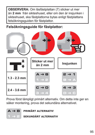 95
OBSERVERA: Om låsfästplattan (7) sticker ut mer
än 2 mm från sikteshuset, eller om den är insjunken i
sikteshuset, ska fästplattorna bytas enligt fästplattans
felsökningsguiden för fästplattor.
Felsökningsguide för fästplattor:
Sticker ut mer
än 2 mm Insjunken
1.3 - 2.3 mm
2.4 - 3.6 mm
2 1
B A
4 3
D C
A B
1 2
C D
3 4
Prova först lämpligt primärt alternativ. Om detta inte ger en
säker montering, prova det sekundära alternativet.
primärt alternativ
sekundärt alternativ
A B
1 2
 