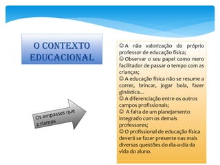 O contexto    A não valorização do próprio
              professor de educação física;
educacional    Observar o seu papel como mero
              facilitador de passar o tempo com as
              crianças;
               A educação física não se resume a
              correr, brincar, jogar bola, fazer
              ginástica...
               A diferenciação entre os outros
              campos profissionais;
               A falta de um planejamento
              integrado com os demais
              professores;
               O profissional de educação física
              deverá se fazer presente nas mais
              diversas questões do dia-a-dia da
              vida do aluno.
 