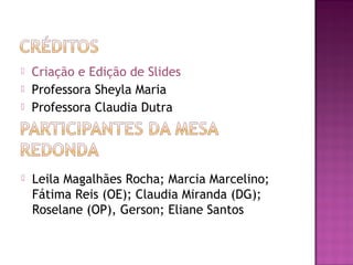  Criação e Edição de Slides
 Professora Sheyla Maria
 Professora Claudia Dutra
 Leila Magalhães Rocha; Marcia Marcelino;
Fátima Reis (OE); Claudia Miranda (DG);
Roselane (OP), Gerson; Eliane Santos
 