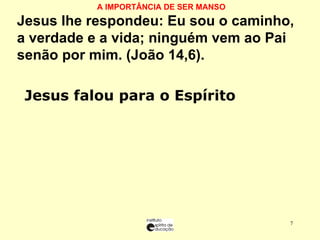A IMPORTÂNCIA DE SER MANSO Jesus lhe respondeu: Eu sou o caminho, a verdade e a vida; ninguém vem ao Pai senão por mim. (João 14,6).   Jesus falou para o Espírito 