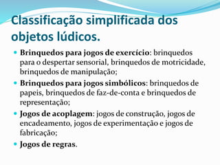 Classificação simplificada dos
objetos lúdicos.
 Brinquedos para jogos de exercício: brinquedos
para o despertar sensorial, brinquedos de motricidade,
brinquedos de manipulação;
 Brinquedos para jogos simbólicos: brinquedos de
papeis, brinquedos de faz-de-conta e brinquedos de
representação;
 Jogos de acoplagem: jogos de construção, jogos de
encadeamento, jogos de experimentação e jogos de
fabricação;
 Jogos de regras.
 